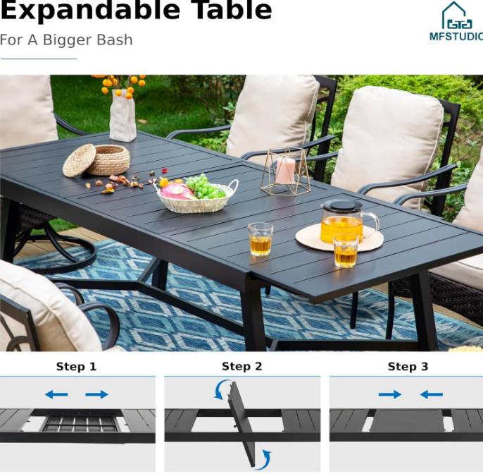 9 Pieces Patio Dining Furniture Set for 8, Outdoor Rectangle Extendable Table and 8 Wicker & Metal Swivel Chairs with Beige Cushions, Outdoor Table and Chairs Dining Set for 8