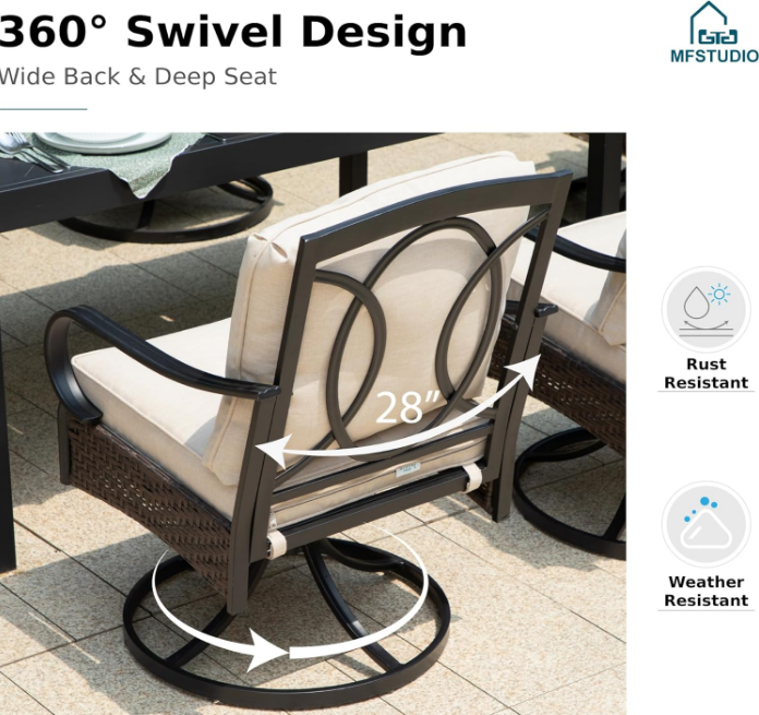 9 Pieces Patio Dining Furniture Set for 8, Outdoor Rectangle Extendable Table and 8 Wicker & Metal Swivel Chairs with Beige Cushions, Outdoor Table and Chairs Dining Set for 8
