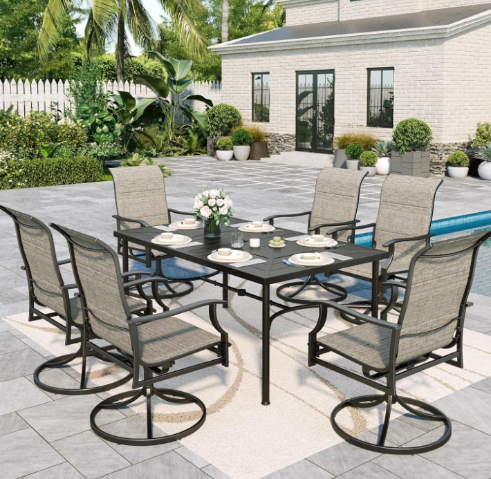 Patio Dining Set 7 Pieces, 6 x Swivel Patio Dining Chairs High Back and Large 64" Metal Dining Table, Patio Furniture Set Support 350lbs