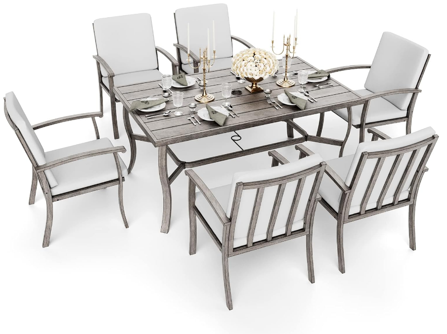 7 Piece Patio Dining Set, Aluminum Outdoor Dining Set for 6, Aluminum Dining Table and Chairs Set, Patio Dining Furniture with Aluminum Table, Chairs and Washable Cushions (Gray)