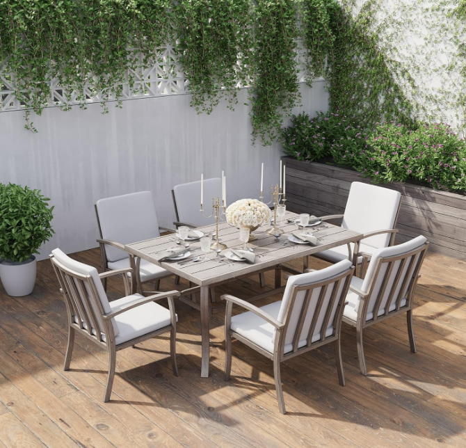 7 Piece Patio Dining Set, Aluminum Outdoor Dining Set for 6, Aluminum Dining Table and Chairs Set, Patio Dining Furniture with Aluminum Table, Chairs and Washable Cushions (Gray)