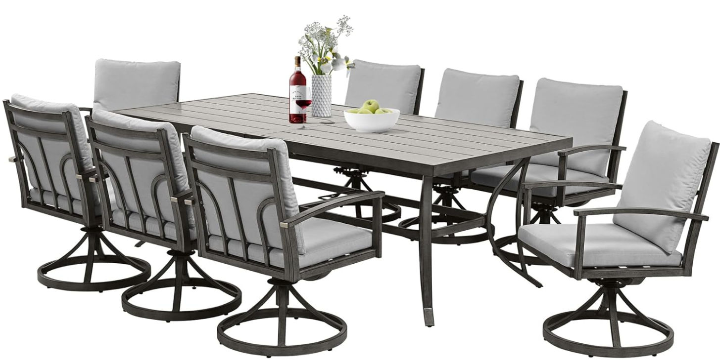9-Piece Patio Outdoor Dining Set - All Aluminum Patio Table and Chairs Set for 8 Includes 1 Rectangular Dining Table and 8 Swivel Dining Chairs with Cushions for Lawn, Garden