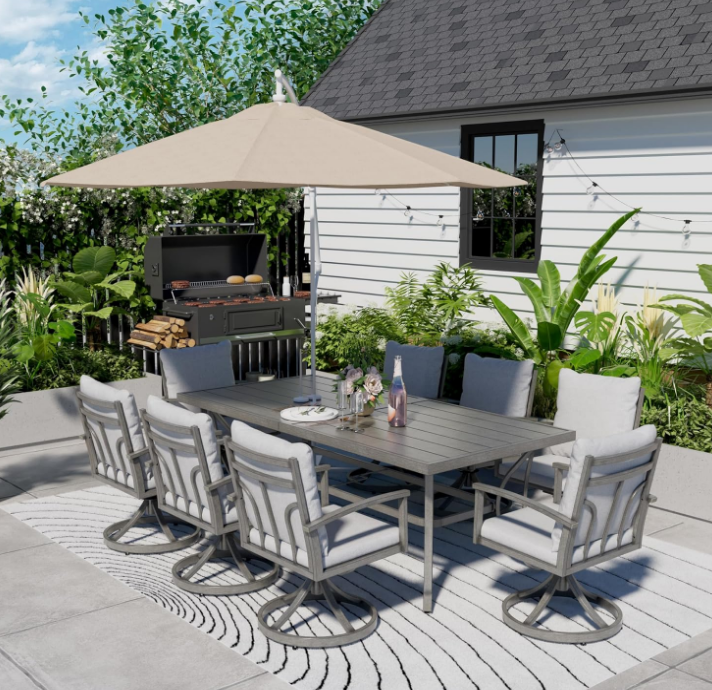 9-Piece Patio Outdoor Dining Set - All Aluminum Patio Table and Chairs Set for 8 Includes 1 Rectangular Dining Table and 8 Swivel Dining Chairs with Cushions for Lawn, Garden