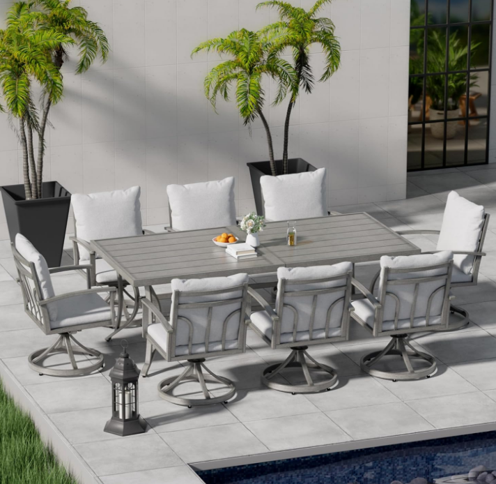 9-Piece Patio Outdoor Dining Set - All Aluminum Patio Table and Chairs Set for 8 Includes 1 Rectangular Dining Table and 8 Swivel Dining Chairs with Cushions for Lawn, Garden