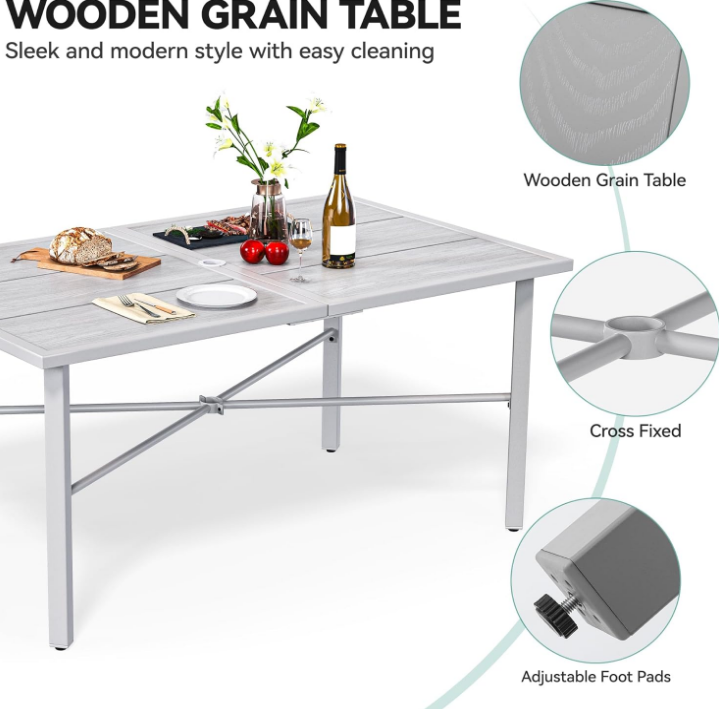 59" Rectangular Outdoor Patio Dining Table for 6-Person, Outdoor Patio Dining Table with 2" Umbrella Hole and Sturdy Iron Frame Perfect for Lawn Backyard Garden, Gray