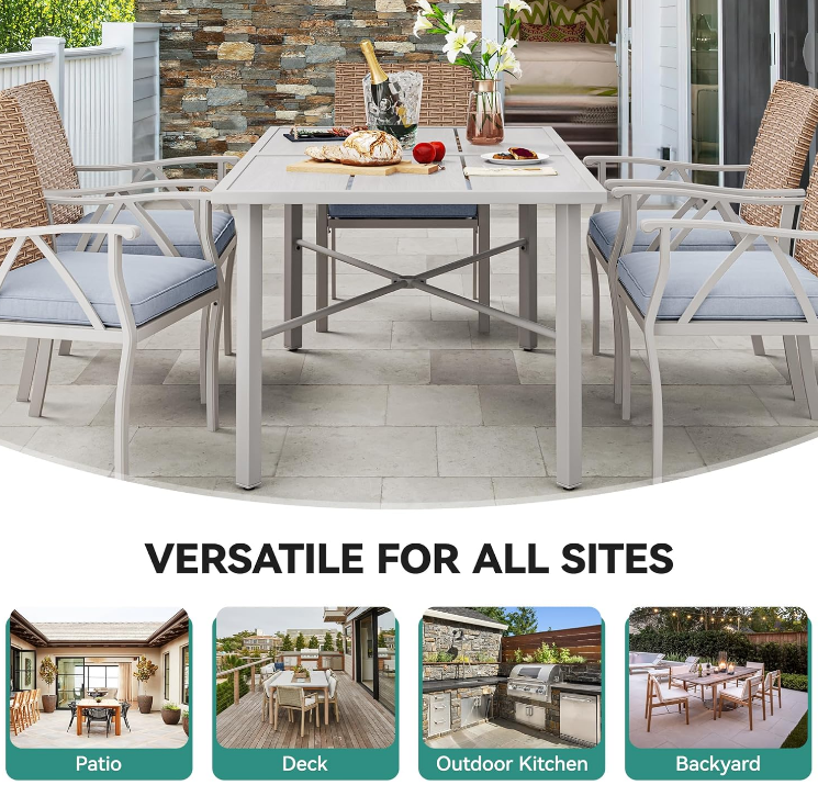 59" Rectangular Outdoor Patio Dining Table for 6-Person, Outdoor Patio Dining Table with 2" Umbrella Hole and Sturdy Iron Frame Perfect for Lawn Backyard Garden, Gray