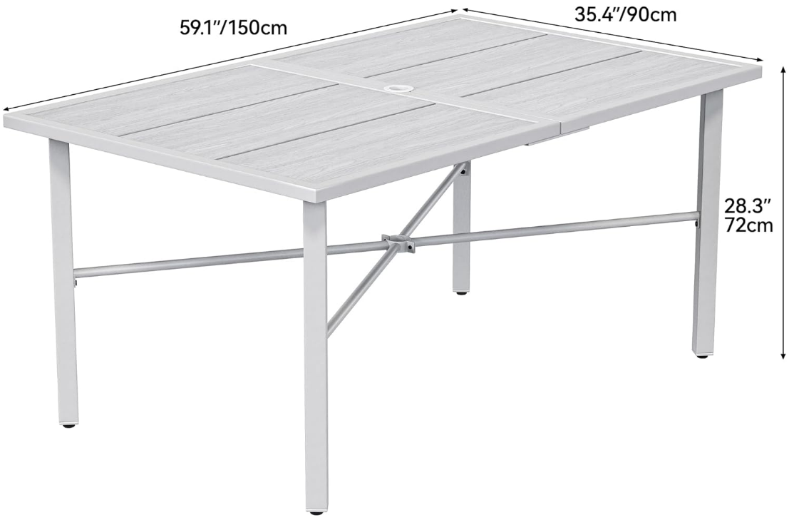 59" Rectangular Outdoor Patio Dining Table for 6-Person, Outdoor Patio Dining Table with 2" Umbrella Hole and Sturdy Iron Frame Perfect for Lawn Backyard Garden, Gray