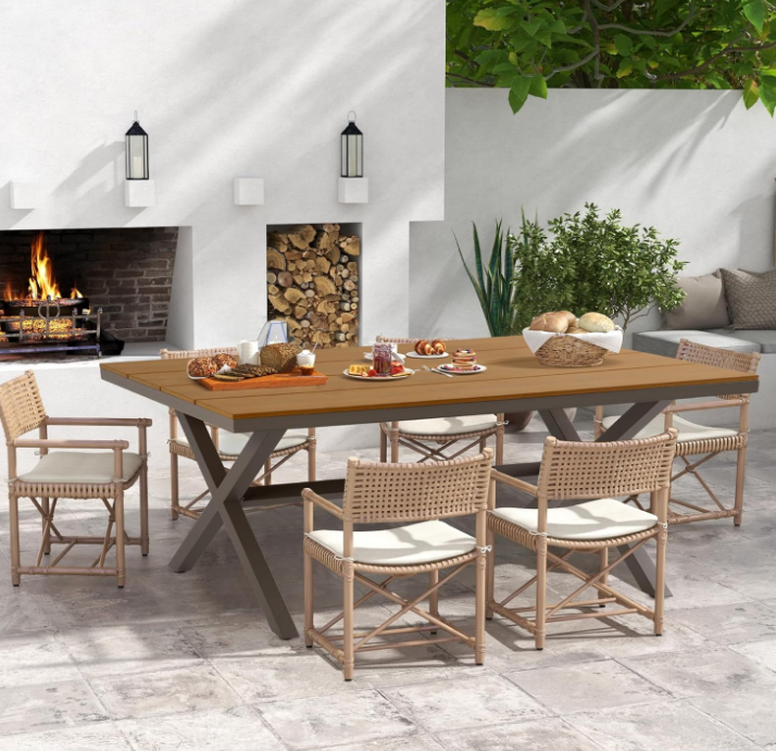 Outdoor Dining Table for 6, 59" x 35" Rectangular Patio Dining Table, Aluminum Outdoor Table with Adjustable Foot Pads, Patio Furniture for Garden, Backyard, Poolside, or Indoor, Natural