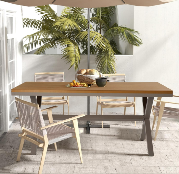 Outdoor Dining Table for 6, 59" x 35" Rectangular Patio Dining Table, Aluminum Outdoor Table with Adjustable Foot Pads, Patio Furniture for Garden, Backyard, Poolside, or Indoor, Natural