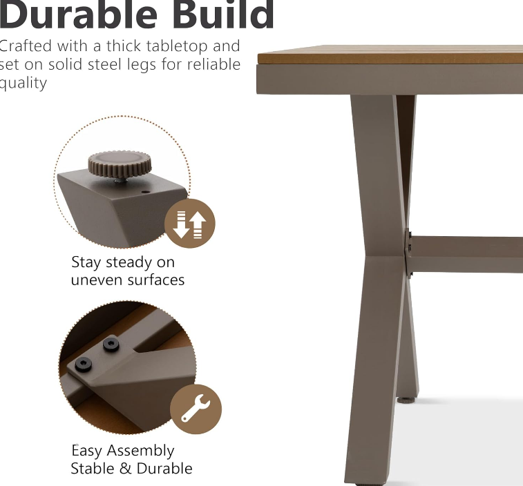 Outdoor Dining Table for 6, 59" x 35" Rectangular Patio Dining Table, Aluminum Outdoor Table with Adjustable Foot Pads, Patio Furniture for Garden, Backyard, Poolside, or Indoor, Natural