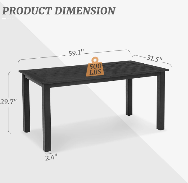 6-Person HDPS Outdoor Dining Table, Weather-Resistant Rectangle Patio Dining Table, 500 LBS Weight Capacity, Outdoor Patio Table for Outside Indoor, Lawn, Garden, and Backyard, Black