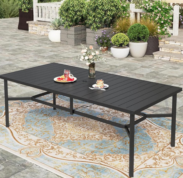 83” Outdoor Dining Table for 8, 8-Person Metal Steel Slat Rectangle Patio Dining Table with Umbrella Hole for Patio Lawn Garden Backyard
