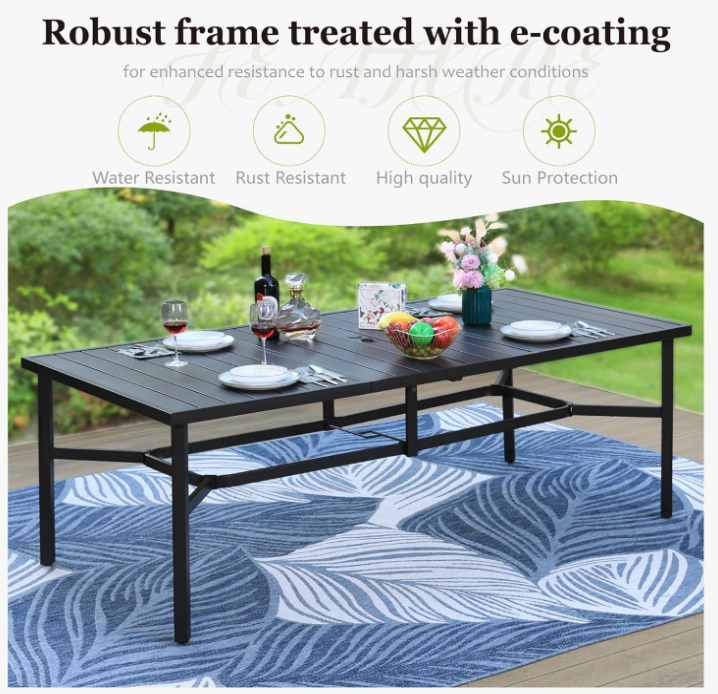 83” Outdoor Dining Table for 8, 8-Person Metal Steel Slat Rectangle Patio Dining Table with Umbrella Hole for Patio Lawn Garden Backyard