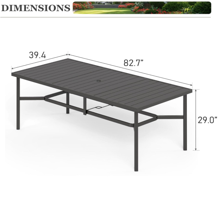 83” Outdoor Dining Table for 8, 8-Person Metal Steel Slat Rectangle Patio Dining Table with Umbrella Hole for Patio Lawn Garden Backyard