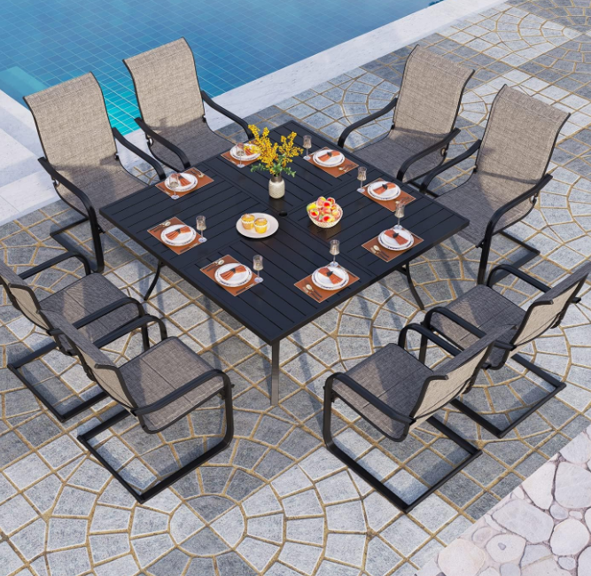 9 pcs Patio Table Chairs Set,Large Square Table with Umbrella Hole and 8 Spring Dining Chairs, Quick-Drying Textilene Fabric & E-Coating Rustproof for All-Weather