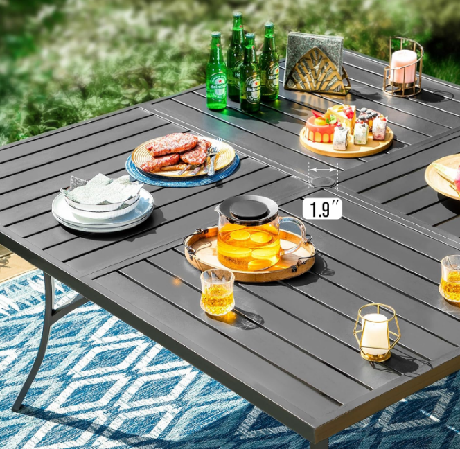 9 pcs Patio Table Chairs Set,Large Square Table with Umbrella Hole and 8 Spring Dining Chairs, Quick-Drying Textilene Fabric & E-Coating Rustproof for All-Weather