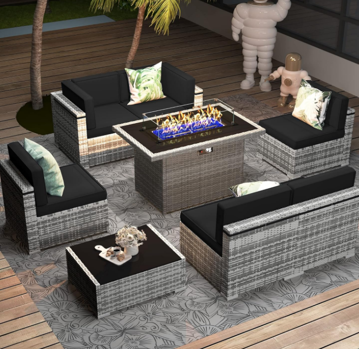 8 Pieces Patio Furniture Set with 44" Propane Gas Fire Pit Table, Outdoor Sectional Wicker Conversation Sofa Sets with Coffee Table
