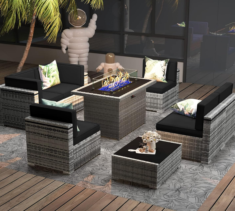 8 Pieces Patio Furniture Set with 44" Propane Gas Fire Pit Table, Outdoor Sectional Wicker Conversation Sofa Sets with Coffee Table