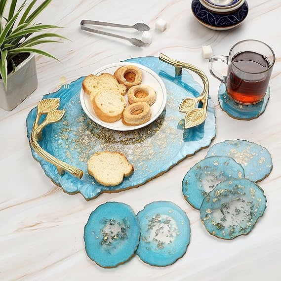 Resin Multicolorpurpose Coasters And Tray With Golden Handle Set