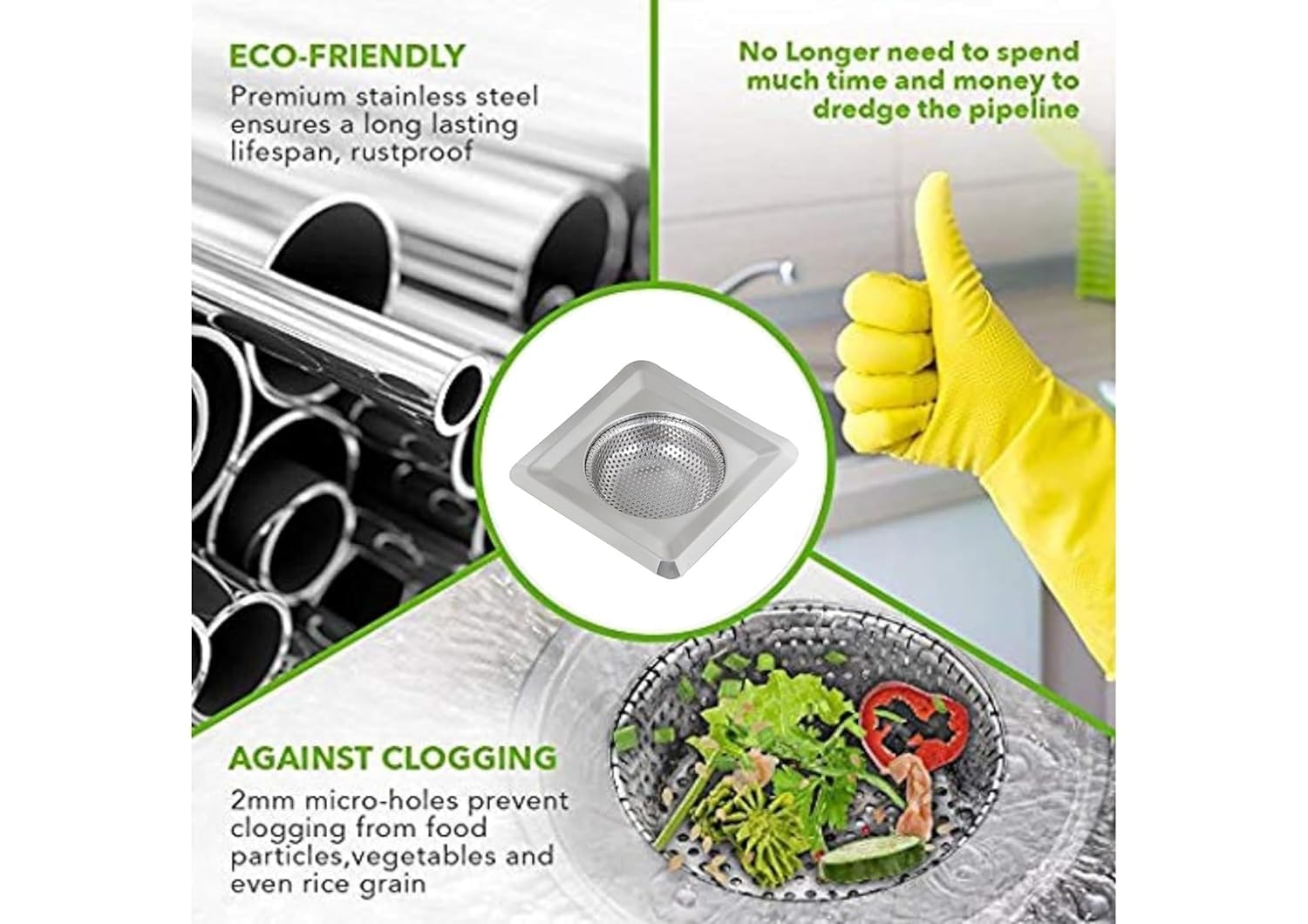 Scenty Square Stainless Steel Kitchen Strainer, Sink Jali, Drain Filter, Wide Rim Anti Clogging Mesh Drain Filter Vegetable Hair Catcher Drain Cover