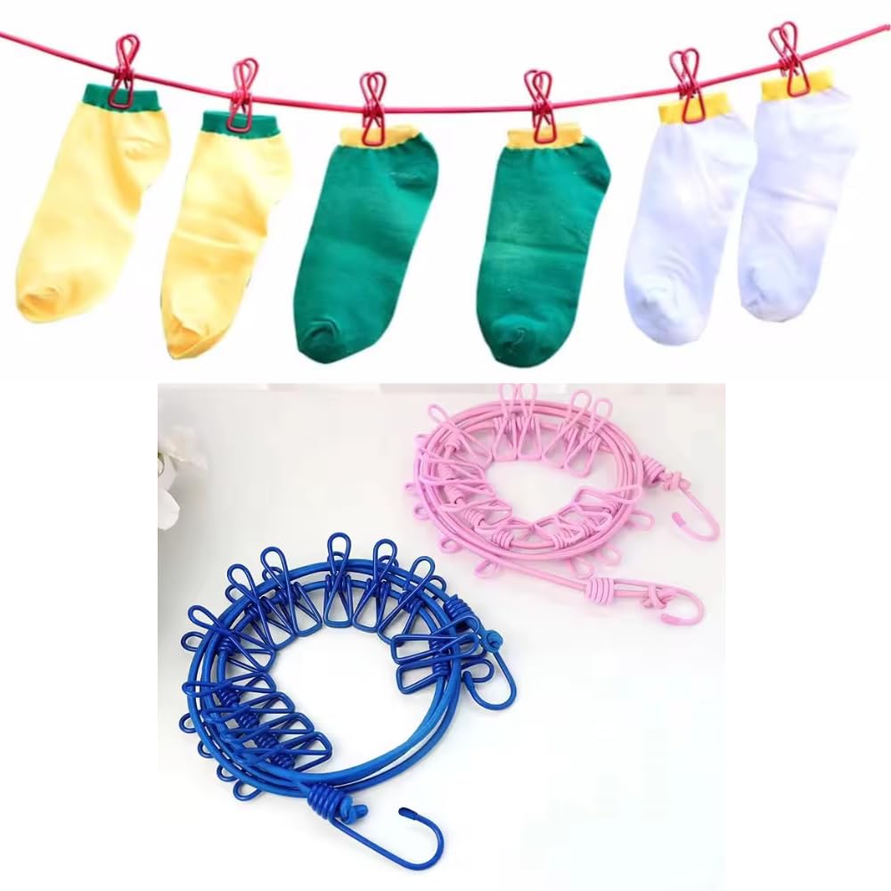 Scenty Pack of 2 Cloth Drying Rope with Hooks - Elastic Hanging Rope for Travel, Home, and Outdoor Drying - includes 12 Clips-Kapde Sukhane ki Rassi Wire - Pack of 2- Multicolour