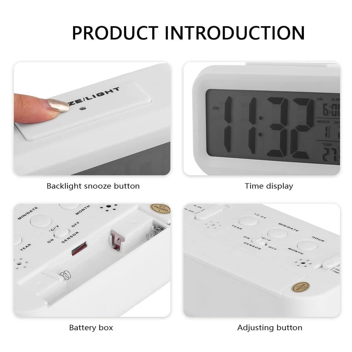 Scenty Digital Alarm Clock Table Clock for Students, Home, Office, Corporate with Automatic Sensor, Date & Temperature (White Digital)