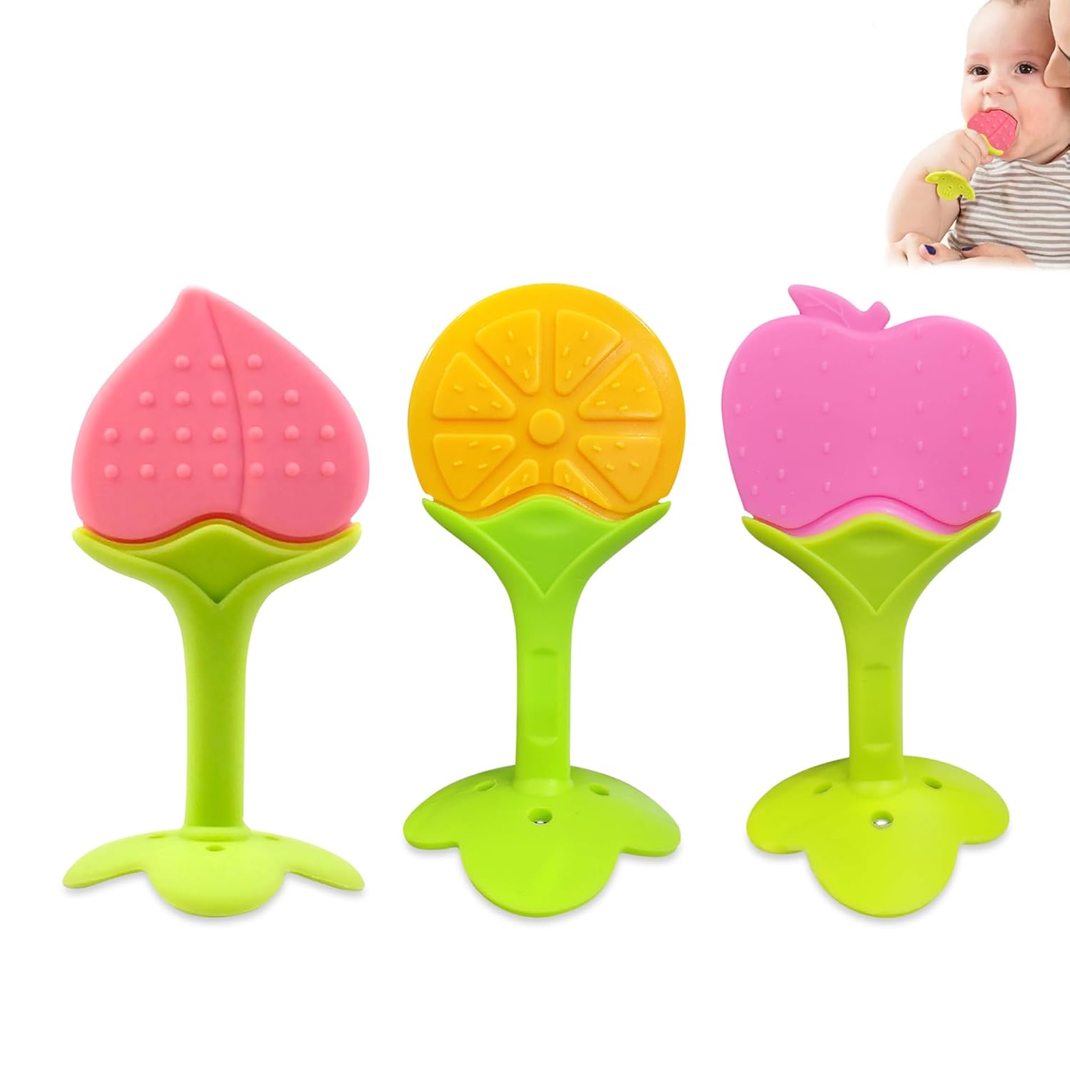 Scenty® Silicone Baby Teething, Pack of 3, Fruit Shape Toy for 0-12 Months, BPA Free Silicone Soothing Teether Soft & Safe Gum Relief Toy