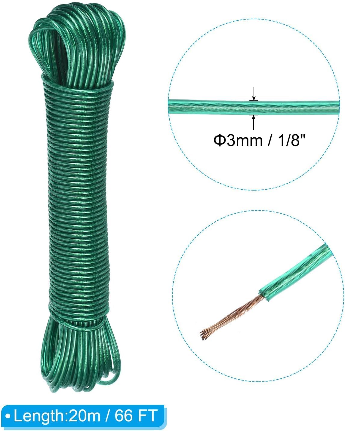 Nibbler Pack of 1 PVC Coated Steel Wire Rope for Drying Clothes/Clothesline, Length 20 Meter with 2 Plastic Hooks (Multi Colour)