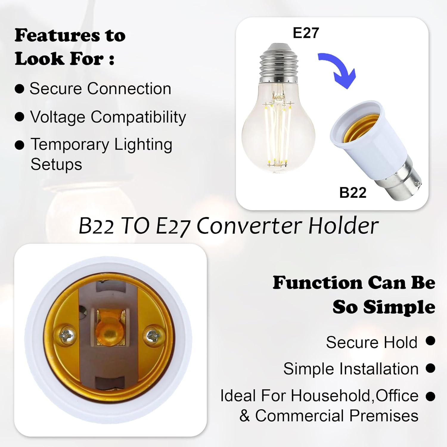 Scenty® LED Bulb Holder Converter, Pack of 4 (B22 Pin to E27 Ring) Holder Converter Base, Light Bulb Socket, For Office, Basement, Pantry Room, & Home Use