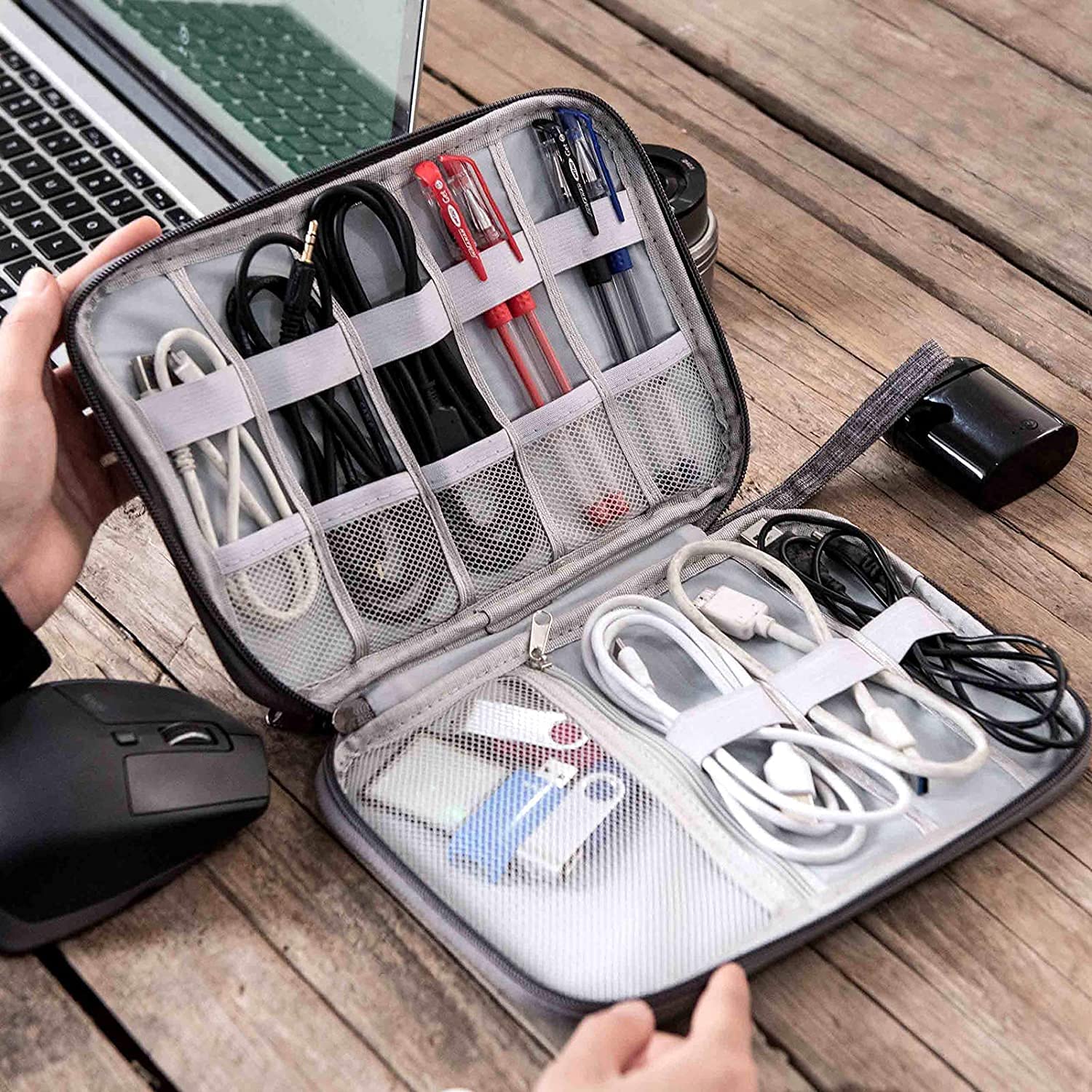 Nibbler Travel Digital Organiser Bag – Portable Electronic Accessories Case for Cables, USB, Power Bank, SD Cards & Chargers – Waterproof Nylon Storage Pouch (Grey)