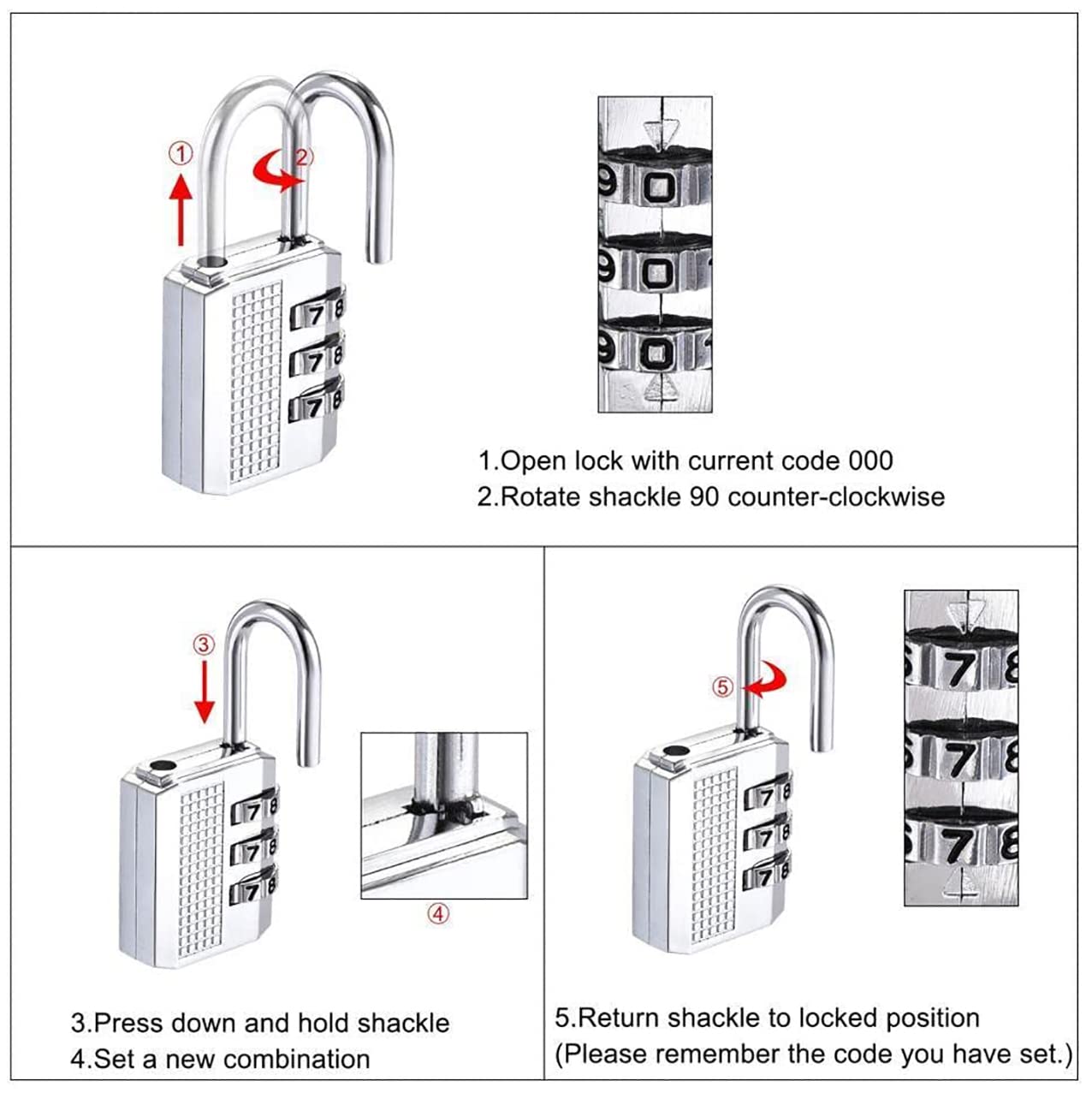  3-Digit Number Backpack Lock, Combination Anti-Theft Zinc Alloy Resettable Zipper Padlock, for Your Backpack, Toolbox, Briefcase and Luggage, Silver