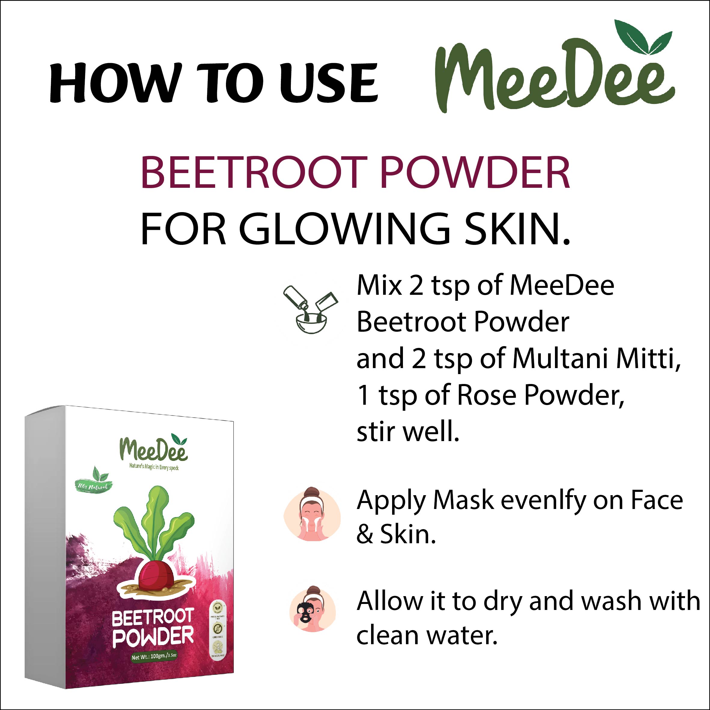 MeeDee Organic Natural Beetroot Powder & Chandan Powder For Skin Whitening Face, Skin & Hair Care ( Pack of 2 = 200g)