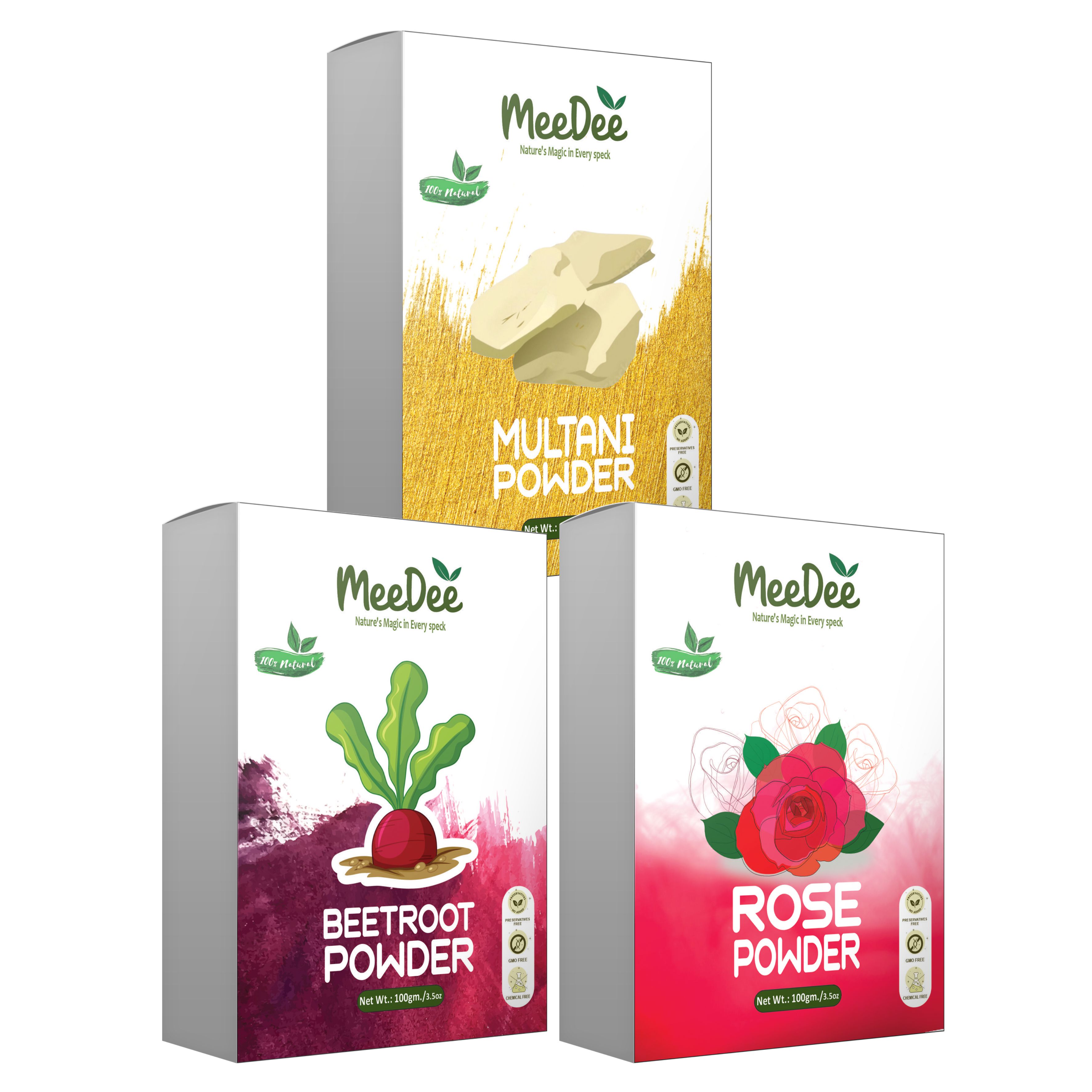 MeeDee Organic Natural Multani Mitti, Beetroot Powder & Rose Powder For Skin Whitening Face, Skin & Hair Care ( Pack of 3 = 200g)