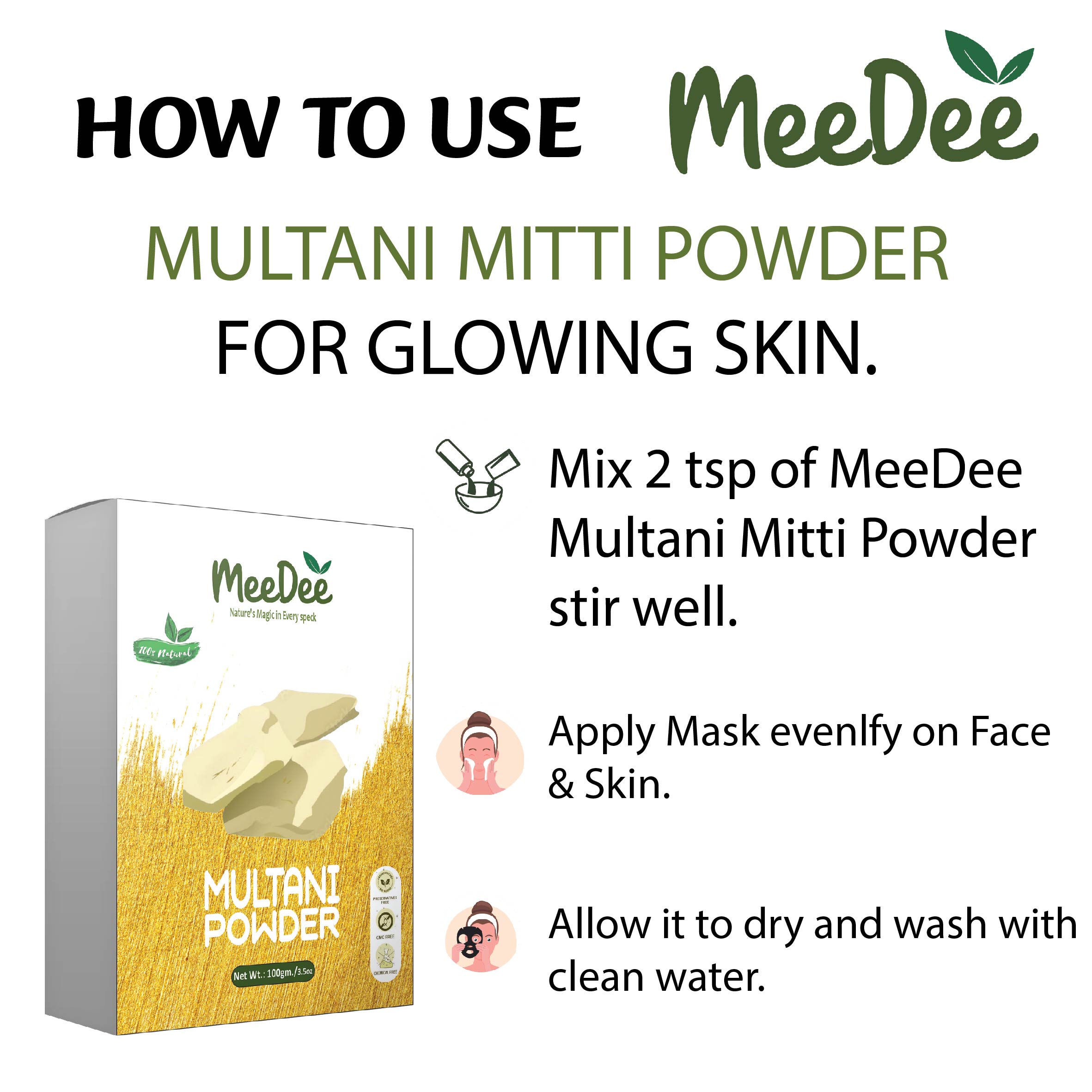 MeeDee 100% Natural Multani mitti Powder For Skin Whitening Face, Skin & Hair Care  (100 g)