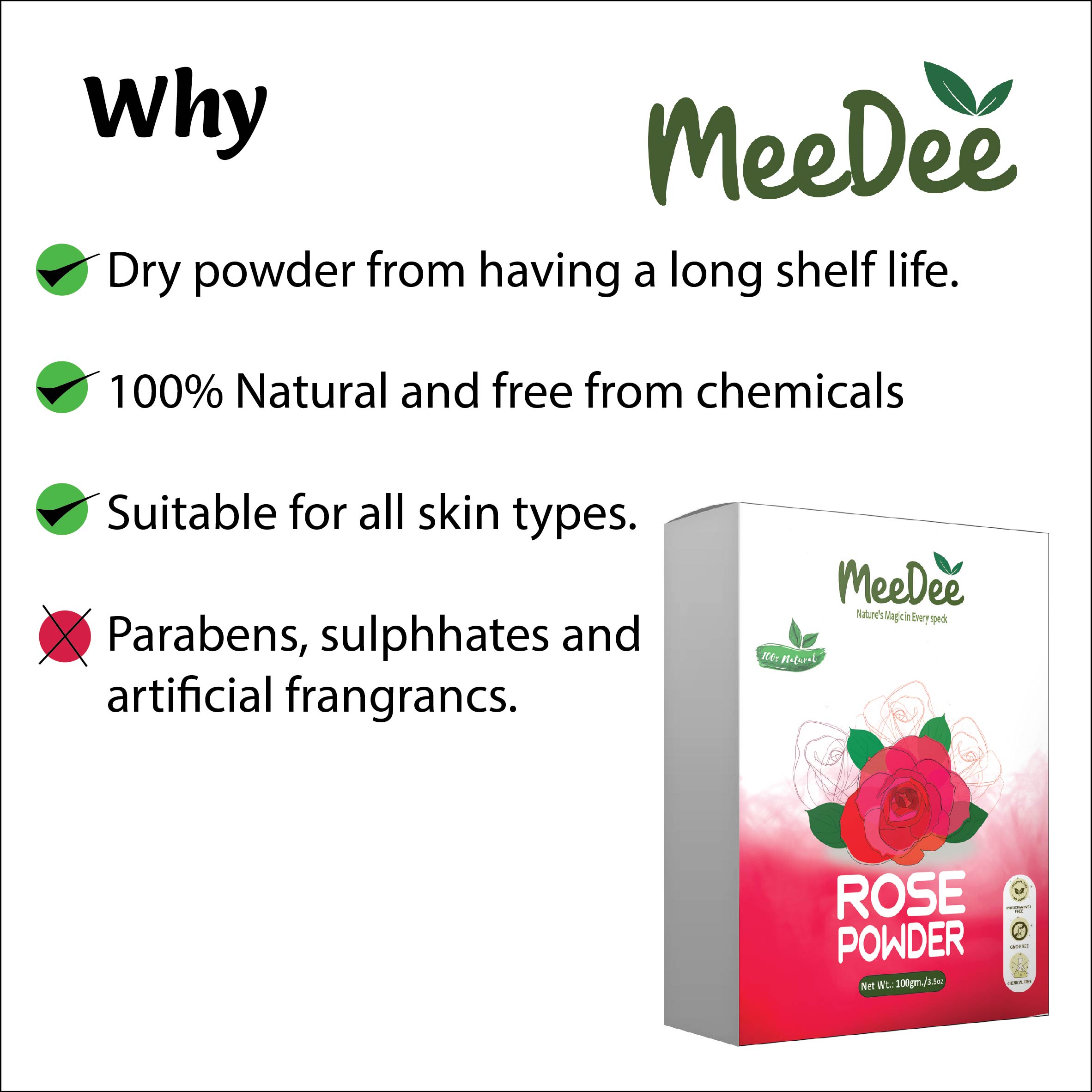 MeeDee 100% Natural Rose Powder For Skin Whitening Face, Skin & Hair Care  (100 g)