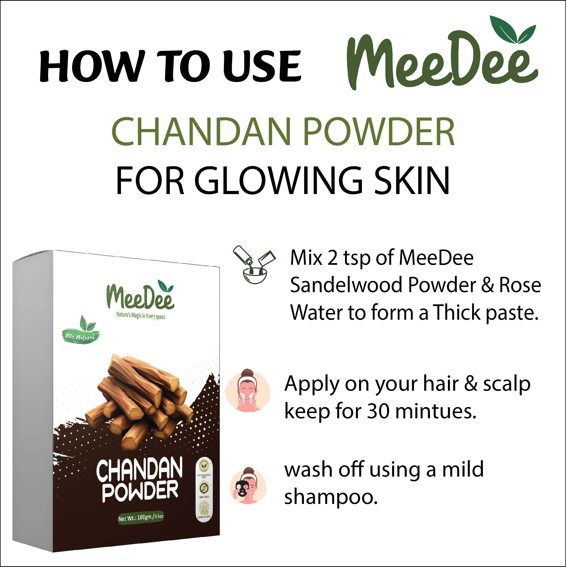 Meedee 100% Pure & Natural chandan Powder For Skin Whitening Face, Skin & Hair 100g