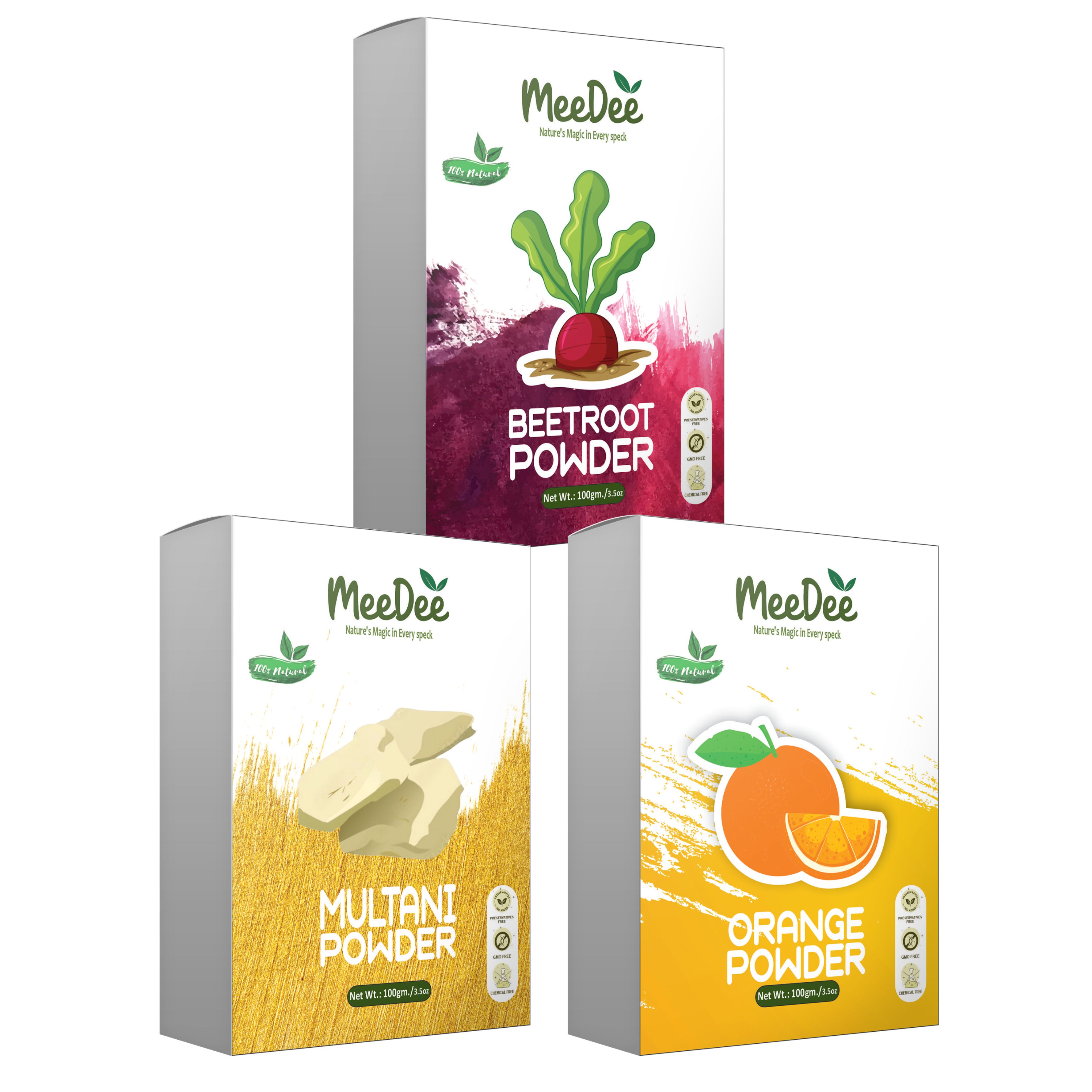 MeeDee Pure Natural Multani Mitti, Beetroot Powder & Orange Peel Powder For Skin Whitening Face, Skin & Hair Care ( Pack of 3 = 300g)