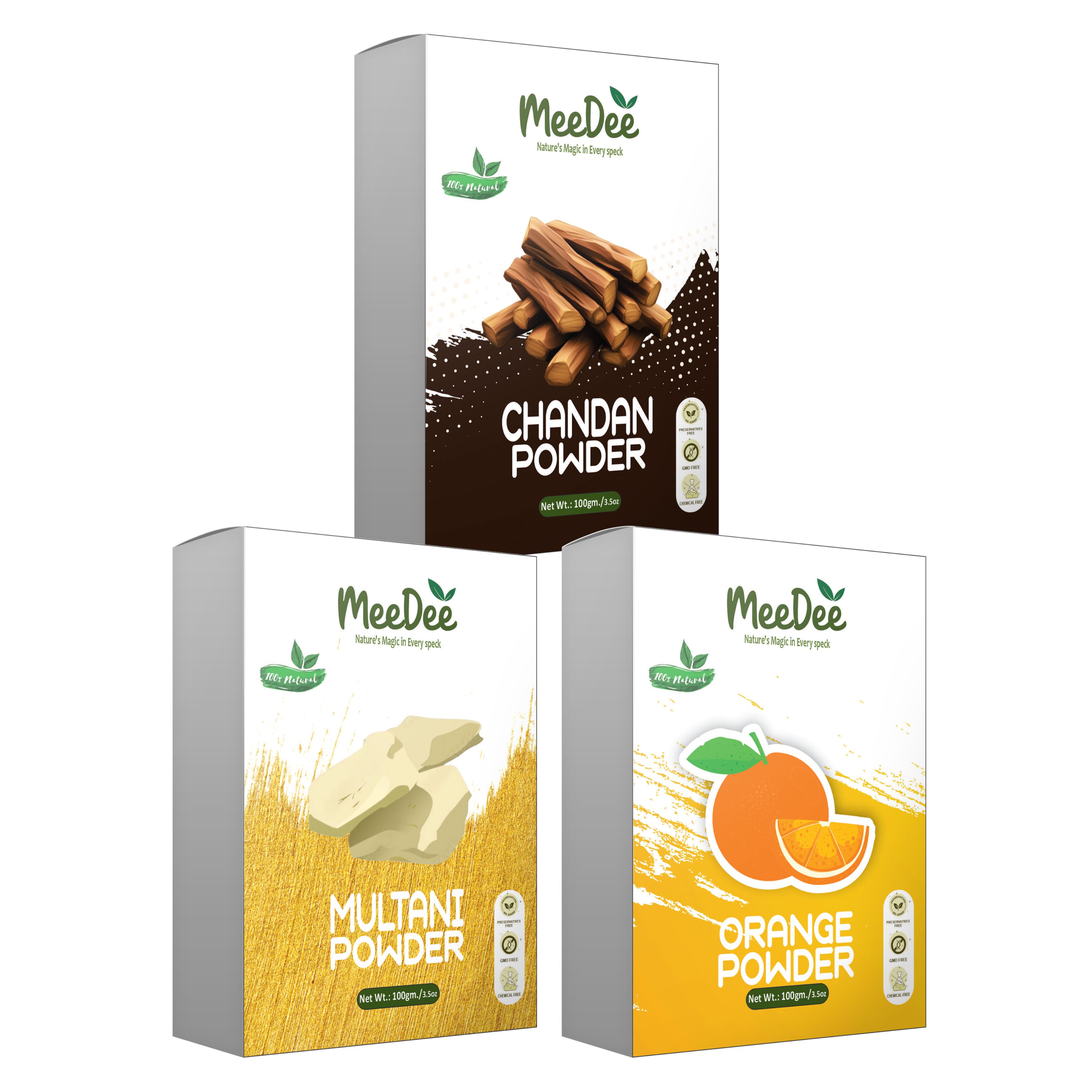 MeeDee Pure & Natural  Chandan, Multani Mitti & Orange Peel Powder For Skin Whitening Face, Skin & Hair Care ( Pack of 3 = 300g)