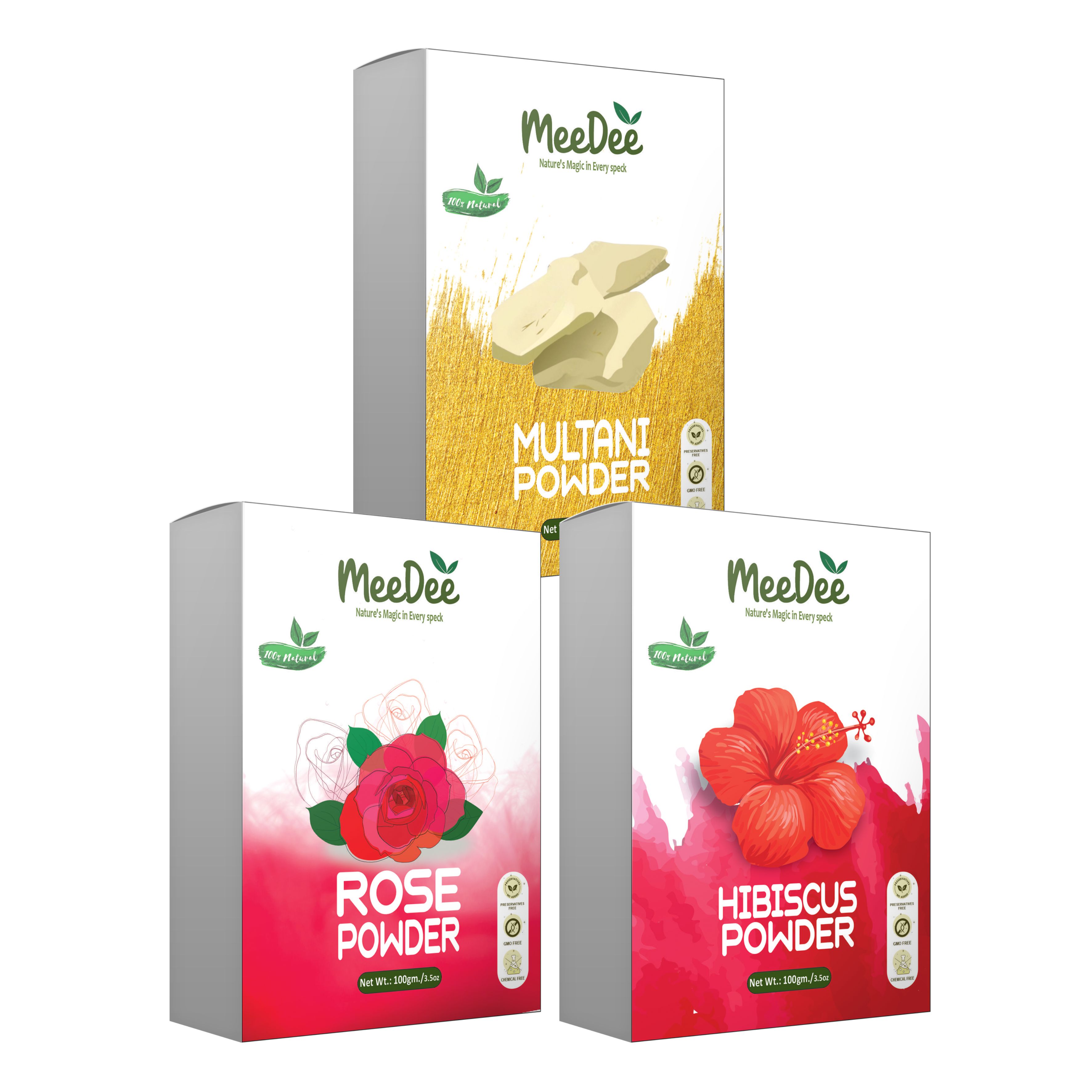 MeeDee Pure & Natural Multani Mitti & Hibiscus & Rose Powder For Skin Whitening Face, Skin & Hair Care ( Pack of 3 = 300g)