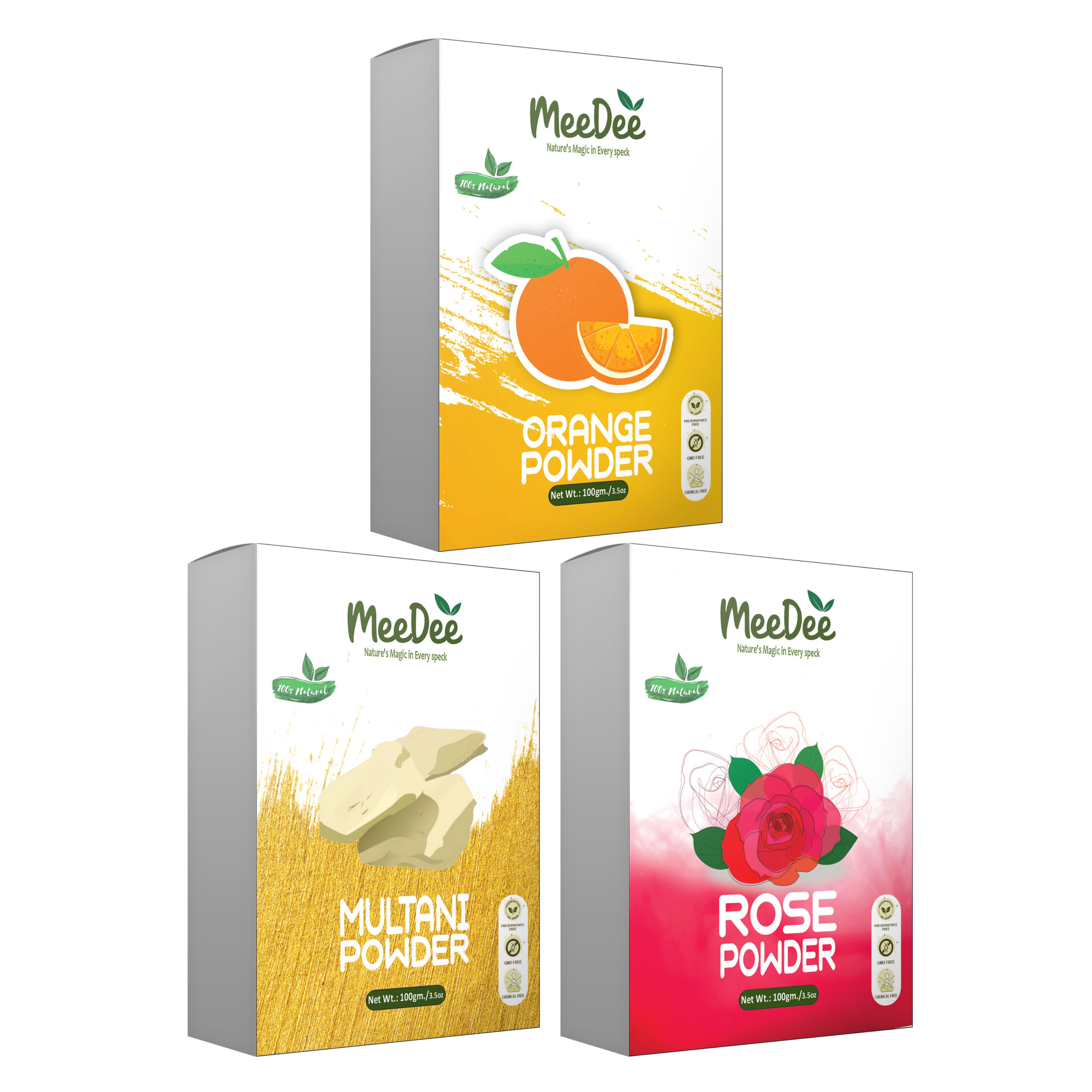 MeeDee Pure & Natural Multani Mitti & Orange Peel & Rose Powder For Skin Whitening Face, Skin & Hair Care ( Pack of 3 = 300g)