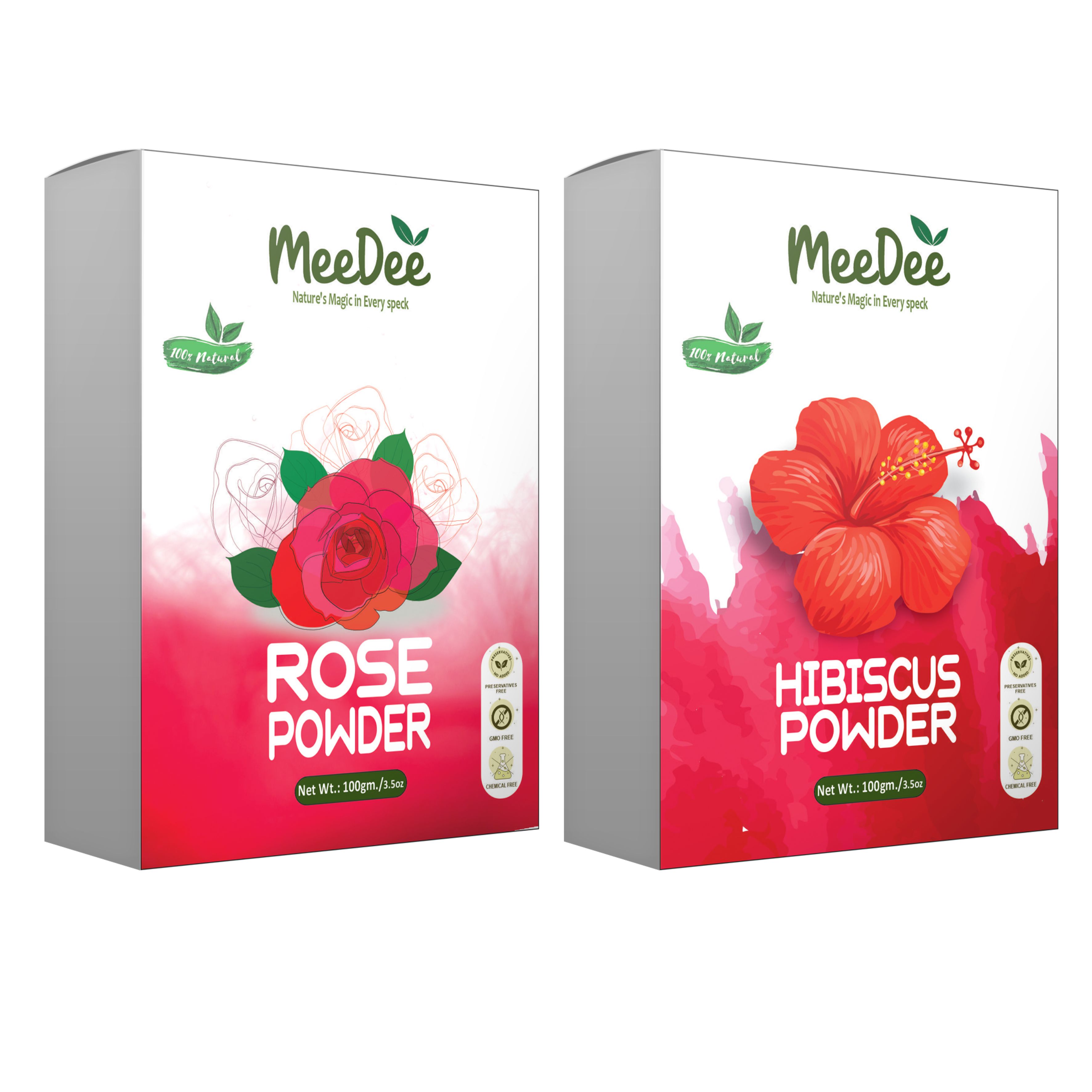 MeeDee Pure & Natural Rose & Hibiscus Powder For Skin Whitening Face, Skin & Hair Care ( Pack of 2 = 200g)