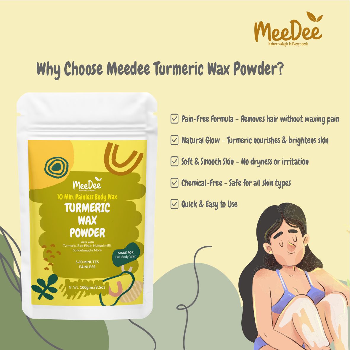 Turmeric Wax Powder | 10 Minute Hair Removal Easy Wax | Haldi Wax Powder for Women & Men | Smooth & Glowing Skin 100g