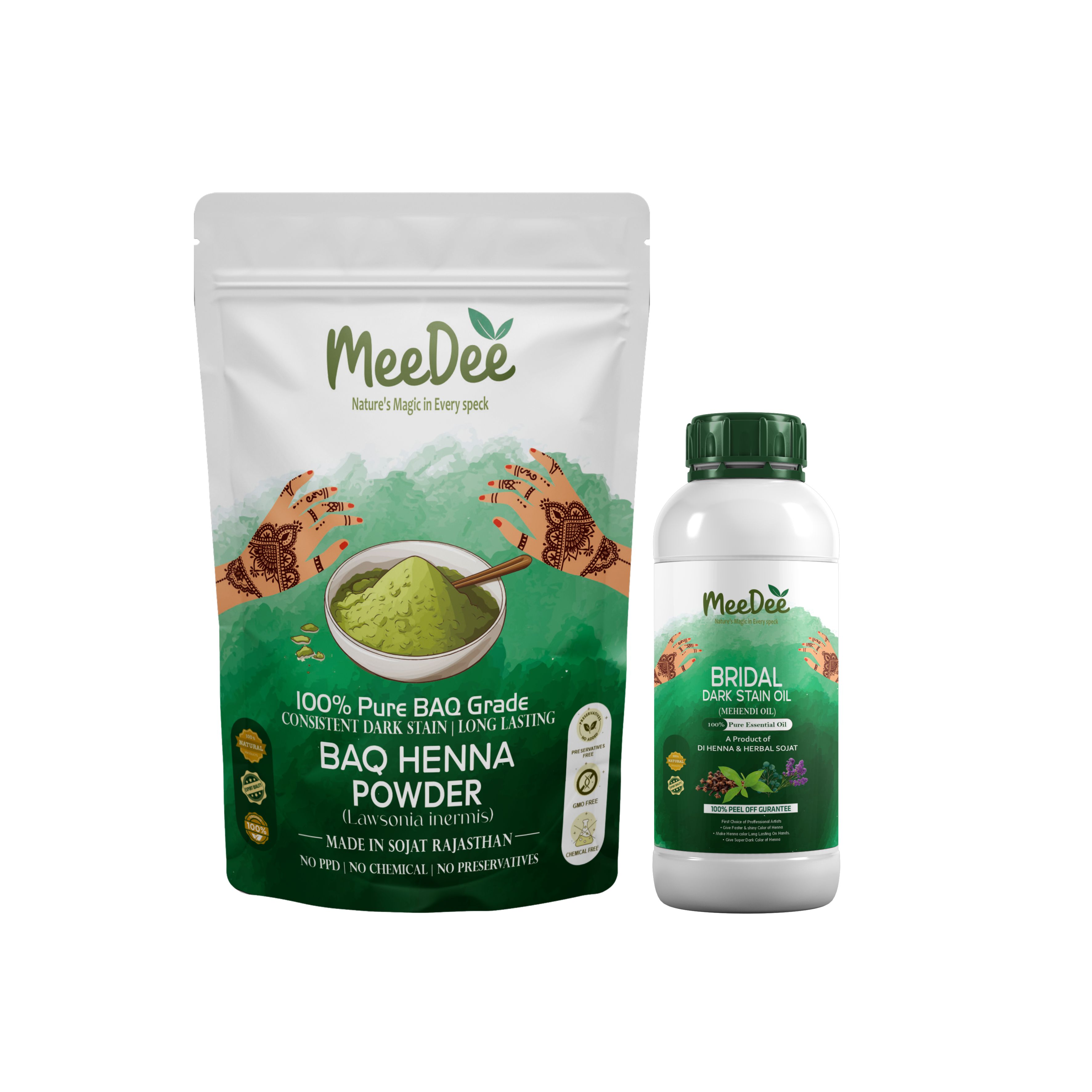 Meedee BAQ Henna Powder (7fliter) Sojat Mehendi 1Kg & Bridal mehendi oil 1 kg Combo pack 