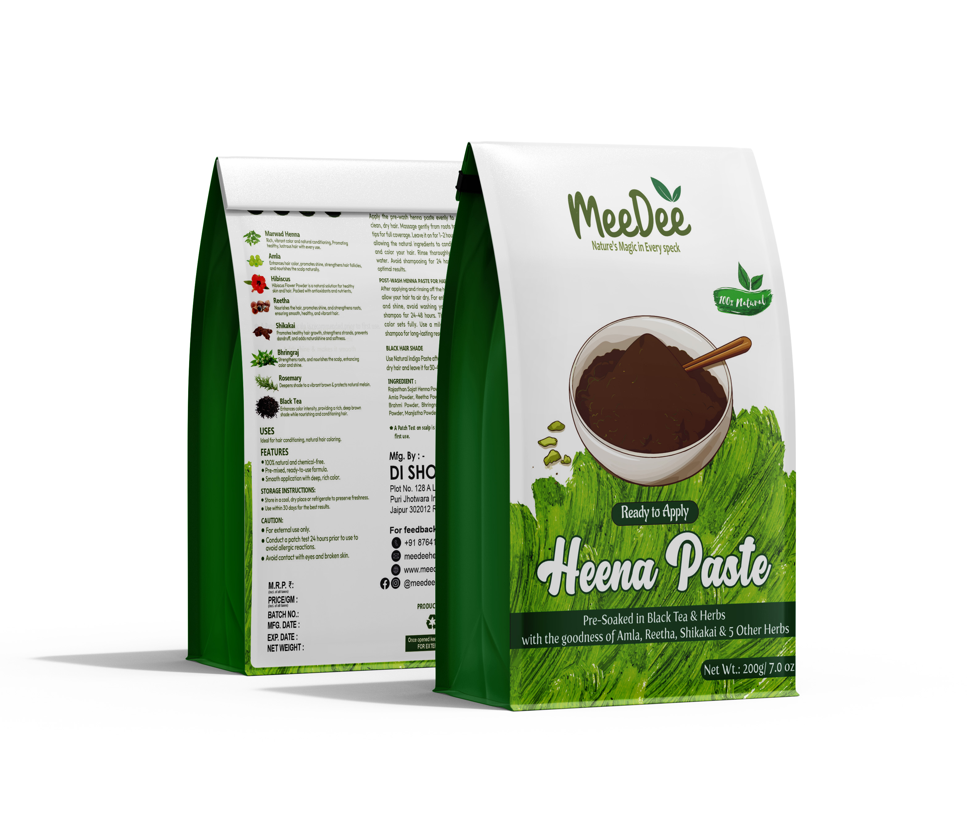 MeeDee Fresh Henna Paste | Pre-Soaked Fresh Henna Paste in Black Tea & 9+ Herbs for Hair | Rich Naturally Colored Hair ( Pack of 1 x 200g)