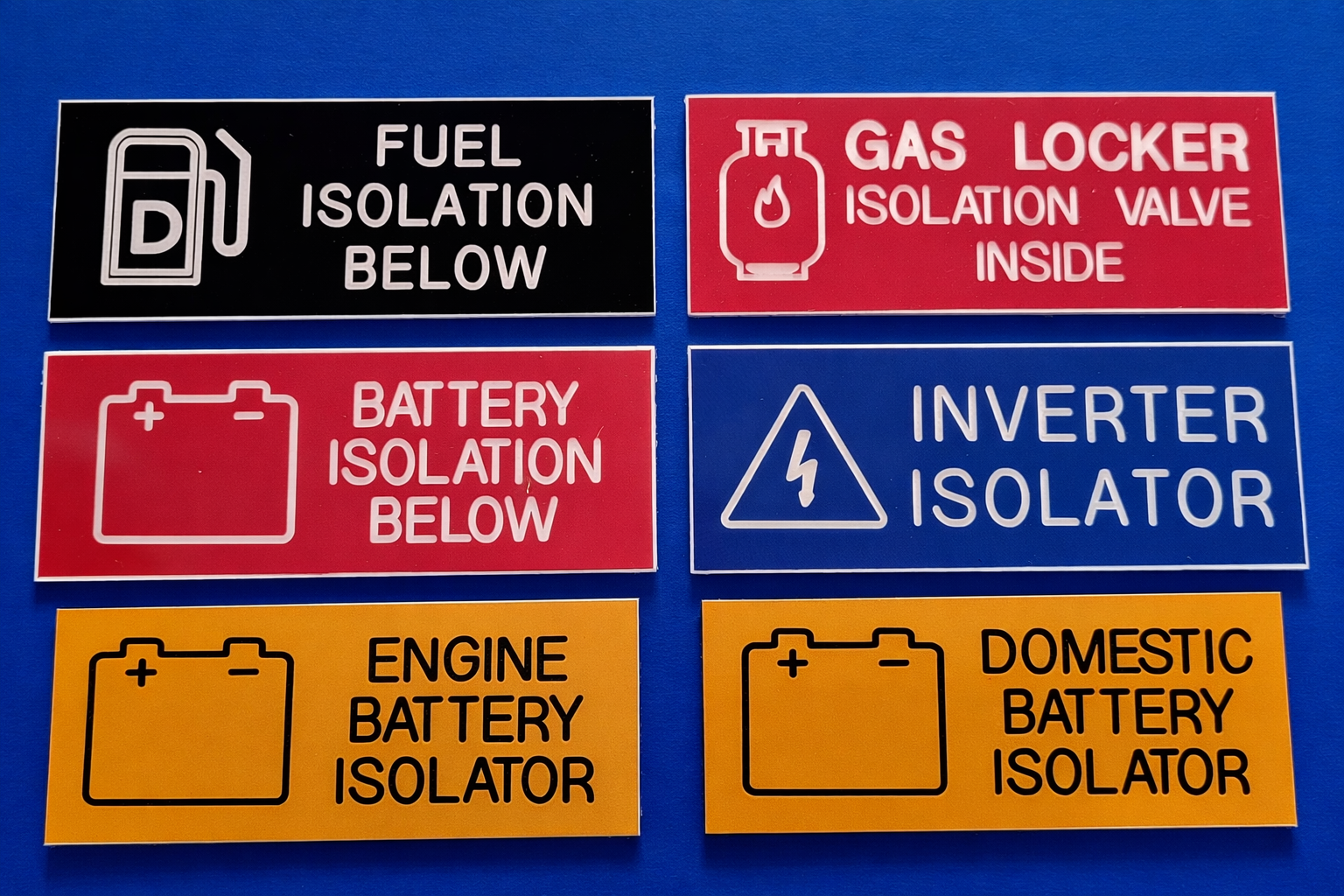 Marine Narrowboat Safety Scheme Labels (BSS) Engraved Fuel Battery Gas Isolation pack of 6 Labels