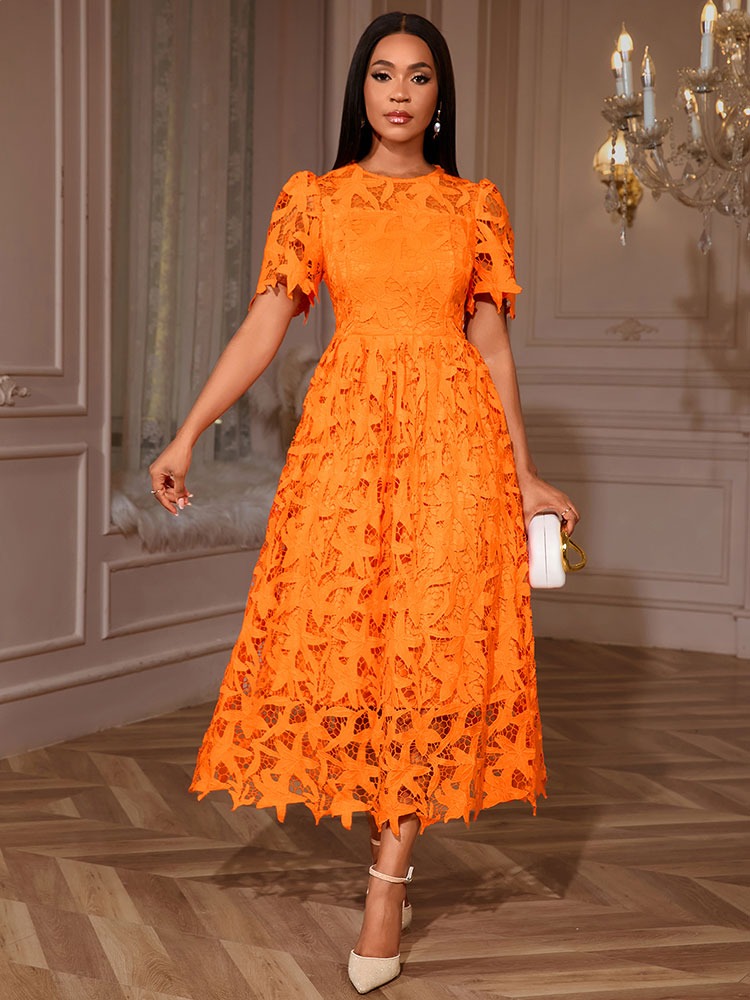 Orange Lace Midi Dress