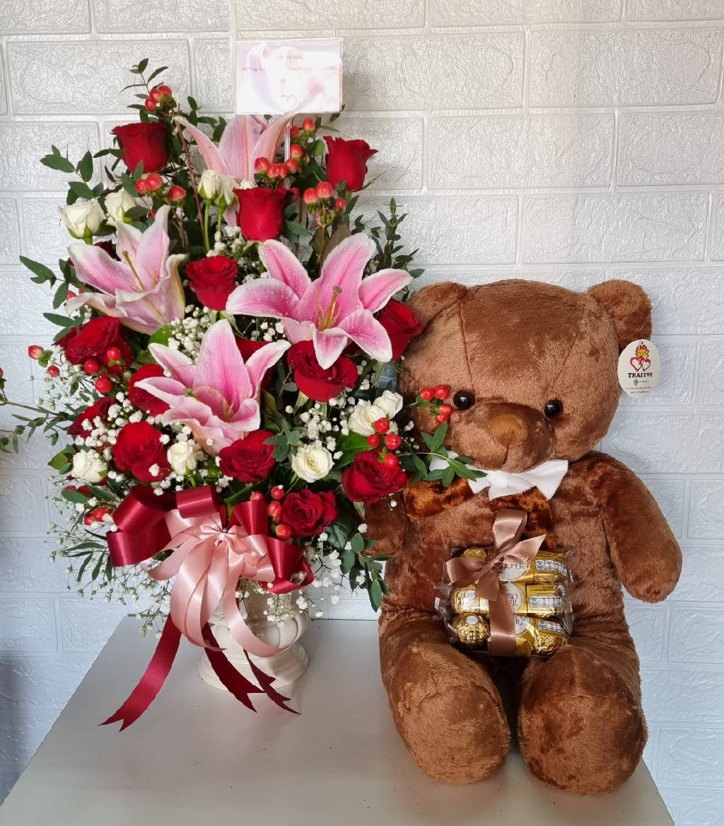 Floral Arrangement with Teddy Bear