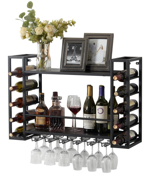 Wall Mounted Wine Rack with Glass Holder, Metal Bottle Holder Wine Storage Display Rack for Home Bar Dining Room Kitchen (31.5 Inch, Black)