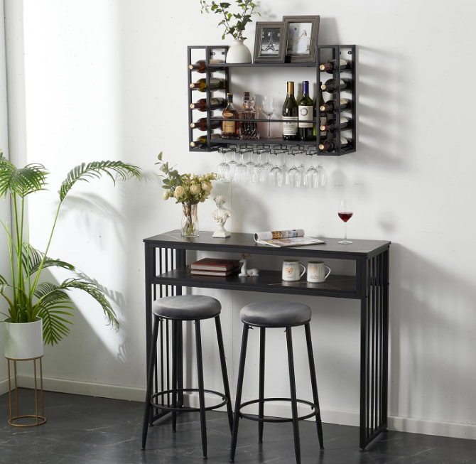 Wall Mounted Wine Rack with Glass Holder, Metal Bottle Holder Wine Storage Display Rack for Home Bar Dining Room Kitchen (31.5 Inch, Black)