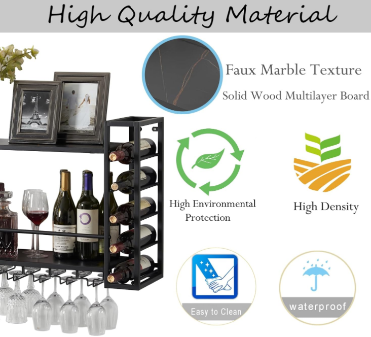 Wall Mounted Wine Rack with Glass Holder, Metal Bottle Holder Wine Storage Display Rack for Home Bar Dining Room Kitchen (31.5 Inch, Black)